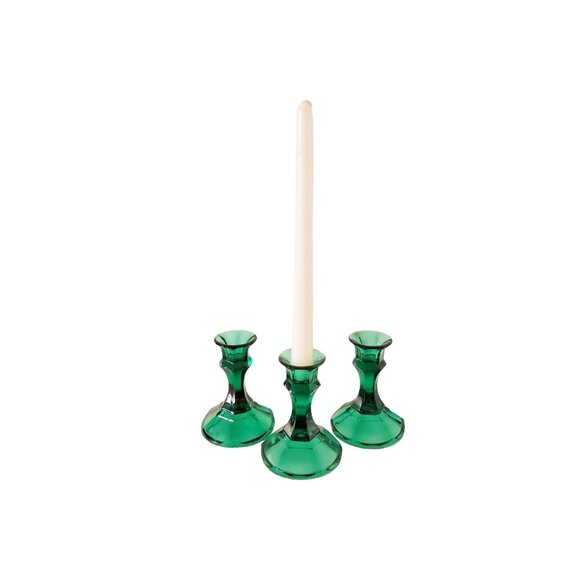 Emerald Green Glass Candlestick Holders – Set of 3 Vintage Taper Candle Holders - Picture 3 of 9